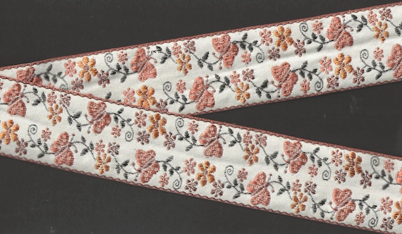 INSECTS H-05-A Jacquard Ribbon Poly Trim 1-5/8" wide (40mm) Ivory Background w/Brown Butterflies and Flowers, Gray Vines, Stems & Leaves