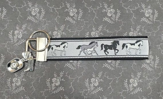 HORSES on GRAY Jacquard Ribbon/Nylon Web 1" wide (25mm) 5.5" long Key Fob w/Charms