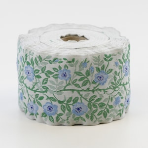 KAFKA L-01/74 Jacquard Ribbon Woven Organic Cotton Trim 2-3/8&quot; wide (60mm) Gray w/Variegated Blue Wild Roses, 2-Tone Green Leaves