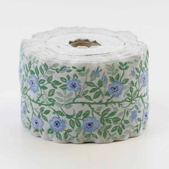 KAFKA L-01/74 Jacquard Ribbon Woven Organic Cotton Trim 2-3/8" wide (60mm) Gray w/Variegated Blue Wild Roses, 2-Tone Green Leaves