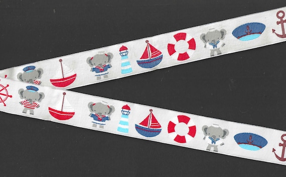 CHILDREN's NAUTICAL F-01-A Jacquard Ribbon Poly Trim 1" wide (25mm) White Background w/Sailing Emblems & Gray Elephants in Uniform