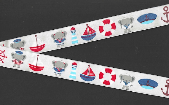 CHILDREN's Nautical F-01-A Jacquard Ribbon Poly Trim 1" Wide (25mm) White Background w/Sailing Emblems & Gray Elephants in Uniform