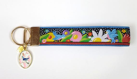 BIRDS Jacquard Ribbon/Nylon Web 1" wide (25mm) Key Fobs Blue Birds in Garden w/Charms Keychain Wristlet Zipper Pulls, Luggage Tags 5.5" long