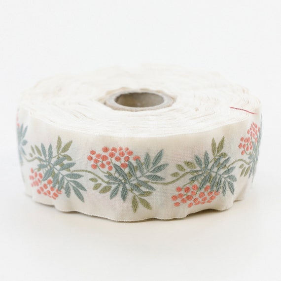 KAFKA G-05/10 Jacquard Ribbon Woven Organic Cotton Trim 1-1/4" wide (32mm) Ivory Background w/Apricot Berries, 2-Tone Green Leaves