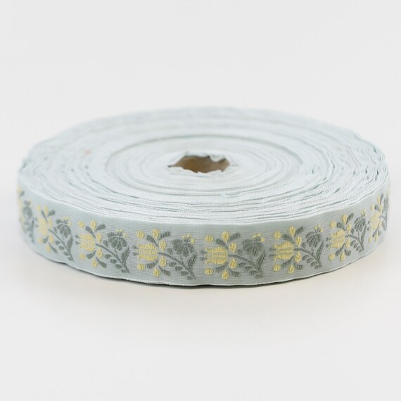 KAFKA D-04/07 Jacquard Ribbon Woven Organic Cotton Trim 3/4" wide (20mm) Pale Mint Green Background w/Pale Yellow & Sage Green Flowers