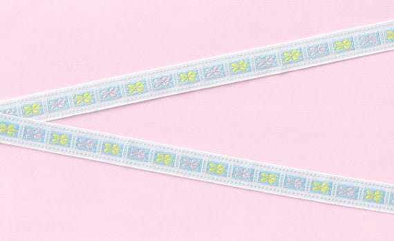 FLORAL C-32-B Jacquard Ribbon Poly Trim 5/8" wide (16mm) White and Blue Blocks w/Pink & Yellow Flowers