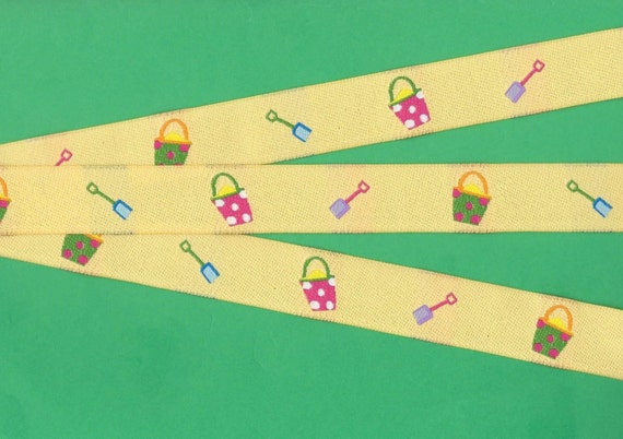 NOVELTY/Beach E-03-A Jacquard Ribbon Polyester Trim 7/8" wide (22mm) Pale Yellow w/Pails & Shovels, Sandcastles, Per Yard