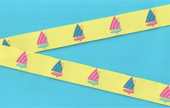 SPORTS/Nautical F-05-A Jacquard Ribbon Poly Trim 1" wide (25mm) Yellow Background w/Colorful Sailboats, Patches, Appliques