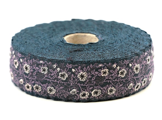 KAFKA F-02/11 Jacquard Ribbon Woven Organic Cotton Trim 1" wide (25mm) Dark Teal Blue w/Cream & Gray Dog Roses, 2-Tone Purple Vines/Leaves