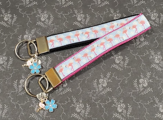 Jacquard Ribbon/Nylon Web 3/4" wide (20mm) Key Fobs, Pink Flamingos w/Charms, Keychain, Wristlet, Zipper Pulls, Luggage Tags 5.5" long