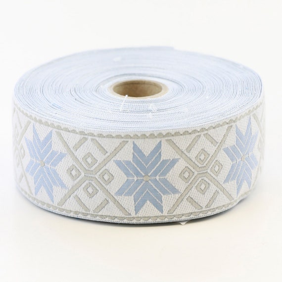 KAFKA H-11/02 Jacquard Ribbon Woven Organic Cotton Trim 1-1/2" wide (38mm) Lt Blue Snowflake on White w/Gray Accents
