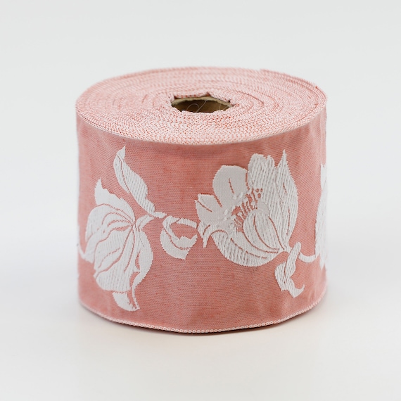 KAFKA L-06/19 Jacquard Ribbon Woven Organic Cotton Trim 2-3/8" wide (60mm) Apricot (Peach) Background w/Large White Tulips/Leaves
