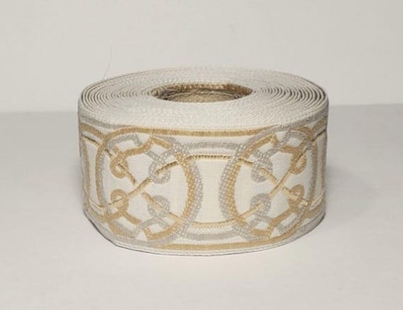 KAFKA G-11/19 Jacquard Ribbon Organic Cotton Trim 1-1/4" wide (32mm) Ivory w/Lt Gray, Beige & Cream Celtic Circles