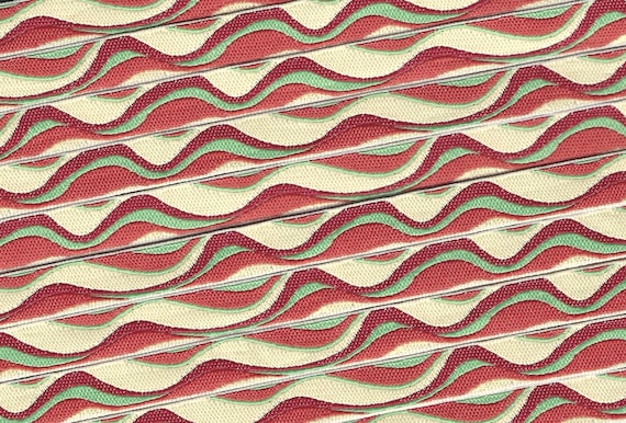 GEOMETRIC A-18-C Jacquard Ribbon Polyester Trim 3/8" wide (9mm) Cream Background w/Pumpkin Orange, Red & Spring Green Wave Design