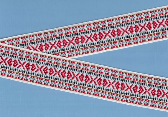 NATIVE AMERICAN K-06-H Jacquard Ribbon Woven Poly Trim 2" Wide (50mm) REVERSIBLE, White w/Red, Blue, Black, Green & Yellow Accents