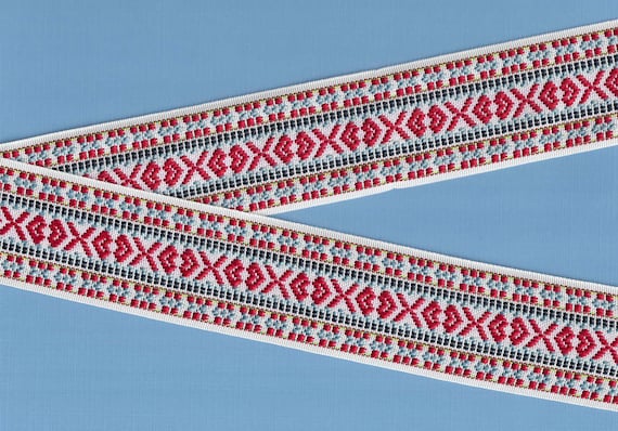 NATIVE AMERICAN K-06-H Jacquard Ribbon Poly Trim, 2" Wide (50mm) REVERSIBLE, White w/Red, Blue, Black, Green & Yellow Accents, Per Yard