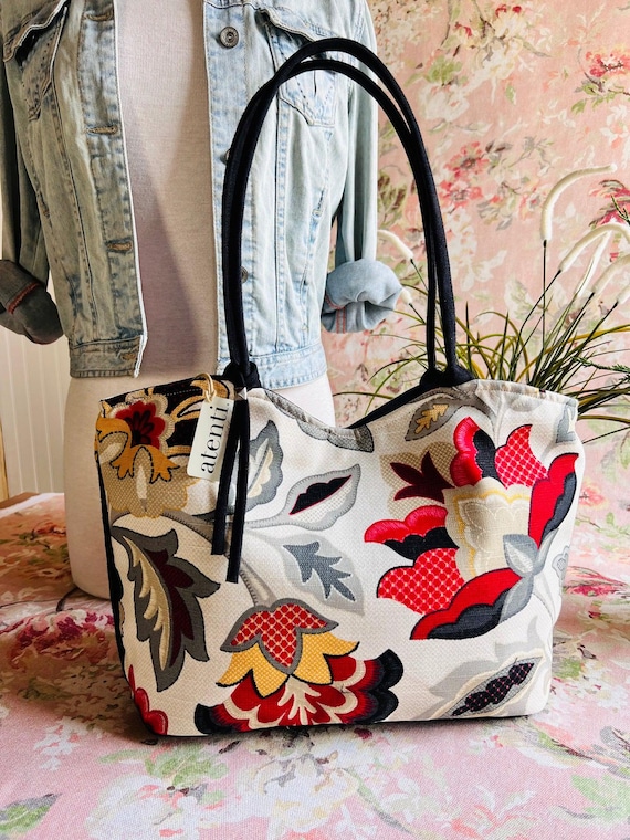 ATENTI Handmade Bags "CARMINE" Floral Pattern Bag, Needle Arts Organizer Bag and Grand Accessory Pouch 2pc Set, USA Made