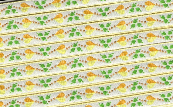 HEARTS/FLOWERS B-12-J Jacquard Ribbon Poly/Cotton Trim, 1/2" Wide (13mm) Ivory w/Yellow & Orange Variegated Hearts, Green Leaves