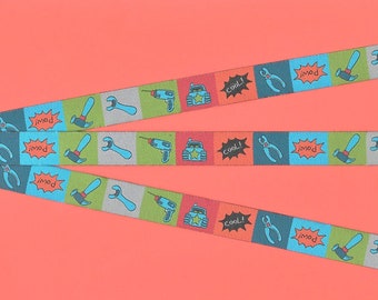 Children's C-18-A Jacquard Ribbon Poly Trim 5/8" Wide (16mm) FARBENMIX,Multi-Colored Block Background w/Tools, Cars & Words