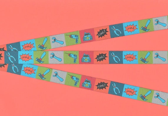 Children's C-18-A Jacquard Ribbon Poly Trim 5/8" Wide (16mm) FARBENMIX,Multi-Colored Block Background w/Tools, Cars & Words