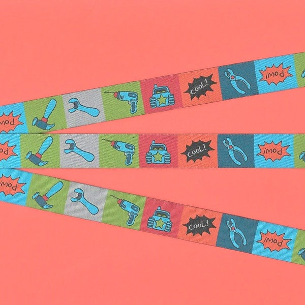 Children's C-18-A Jacquard Ribbon Poly Trim 5/8" Wide (16mm) FARBENMIX,Multi-Colored Block Background w/Tools, Cars & Words