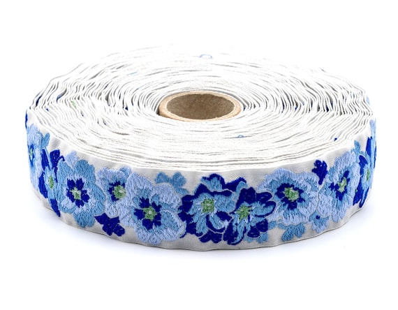 KAFKA F-17/07 Jacquard Ribbon Woven Organic Cotton Trim 1" wide (25mm) Ivory Background w/Multi Shades of Blue Flowers, Victorian