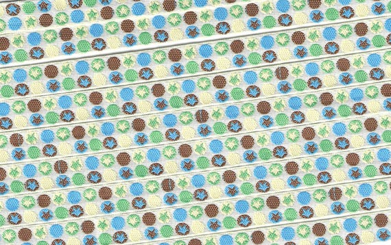 GEOMETRIC A-19-B Jacquard Ribbon Poly Trim 3/8" wide (9mm) Ivory w/Brown, Blue, Lime and Burgundy Dots & Stars