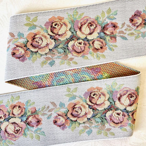 FLORAL TAPESTRY N-03-F Jacquard Ribbon Cotton Trim 3-3/4"wide (95mm) Victorian, Gray w/Yellow, Pink & Orange Roses, Green Leaves