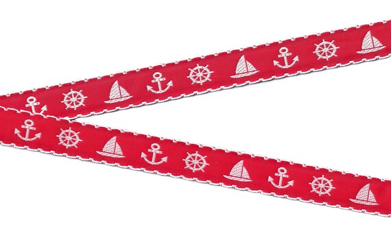 CHILDREN's NAUTICAL C-35-B Jacquard Ribbon Poly Trim 3/4" wide (20mm) VINTAGE French Red w/White Nautical, Picot Edging