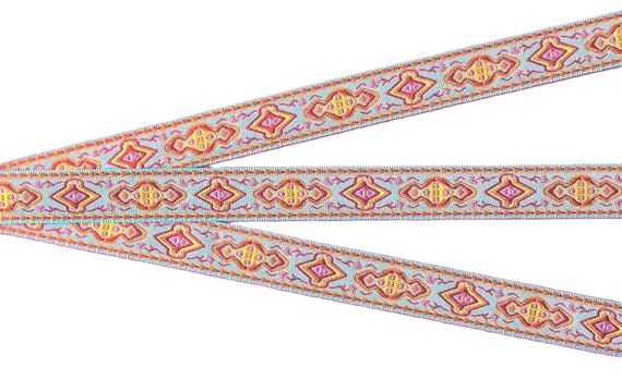 GEOMETRIC C-06-G Jacquard Ribbon Poly Trim 5/8" wide (16mm) Lt. Blue w/Red, Yellow & Lilac Renaissance