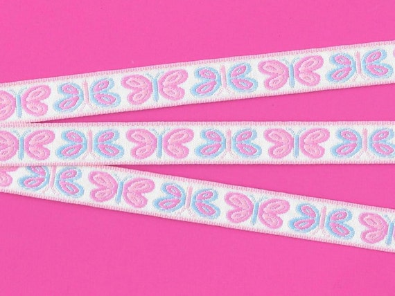 INSECTS C-02-B Jacquard Ribbon Poly Trim, 5/8" Wide (16mm) White with Pastel Pink, Pink & Baby Blue Butterflies, Per Yard