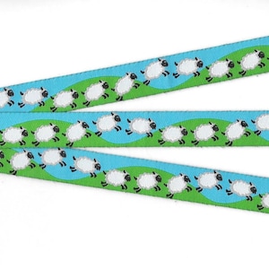 ANIMALS/Farm C-04-A Jacquard Ribbon Poly Trim 5/8" wide (16mm) Turquoise w/Green Grass, B&W Sheep