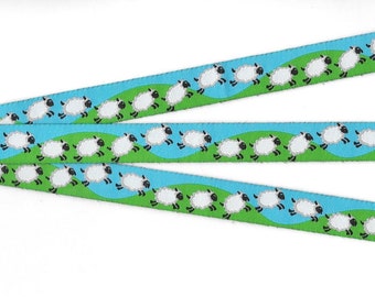 ANIMALS/Farm C-04-A Jacquard Ribbon Poly Trim 5/8" wide (16mm) Turquoise w/Green Grass, B&W Sheep