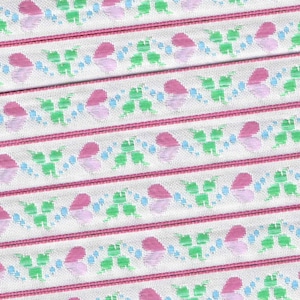 HEARTS/FLOWERS B-12-B Jacquard Ribbon Poly Trim, 1/2&quot; Wide (13mm) White w/Pink Variegated Hearts, Blue Accents, Green Leaves