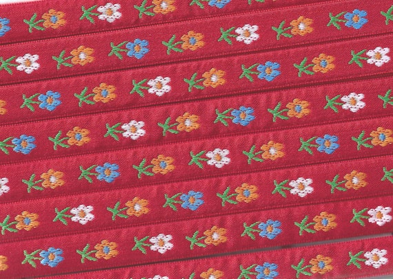 FLORAL B-14-B Jacquard Ribbon Polyester Trim 9/16" wide Red Background w/White, Orange  & Turquoise Flowers, Green Leaves