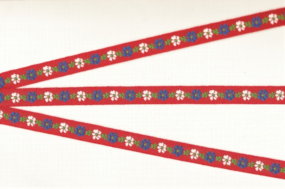 FLORAL B-30-B Jacquard Ribbon Cotton Trim 1/2" wide (13mm) Red Background with White & Blue Flowers, Green Leaves