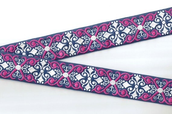 GEOMETRIC H-09-P Jacquard Ribbon Woven Poly Trim 1-1/2" Wide (38mm) Navy Background, Hot Pink "X" w/White Scrolls/Swirls, Per Yard