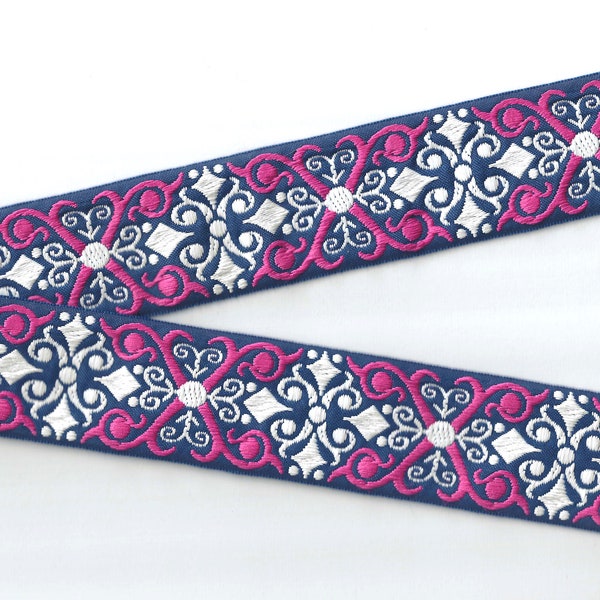 GEOMETRIC H-09-P Jacquard Ribbon Woven Poly Trim 1-1/2" Wide (38mm) Navy Background, Hot Pink "X" w/White Scrolls/Swirls, Per Yard