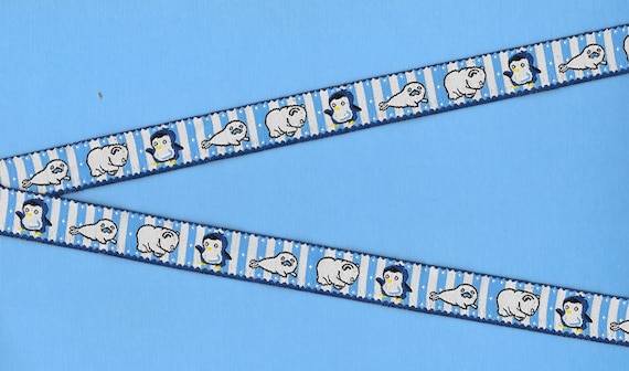 CHILDREN's C-15-A Jacquard Ribbon Polyester Trim, 5/8" Wide (16mm) Blue & White Stripes w/Baby Penguins, Seals and Polar Bear Cubs