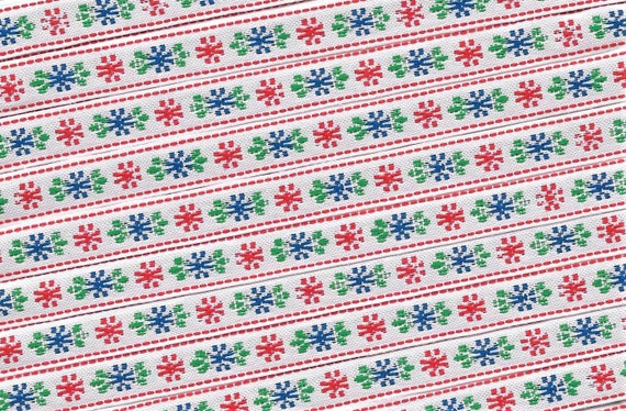 FLORAL A-34-E Jacquard Ribbon Woven Polyester Trim 3/8" wide (9mm) White Background w/Royal Blue & Red Flowers, Green Accents