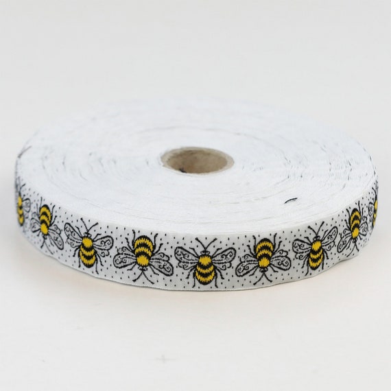 KAFKA D-09/01 Jacquard Ribbon Woven Organic Cotton Trim 3/4" wide (20mm) "Bumblebees" White with Black & Yellow Bees, Black Dot Accents