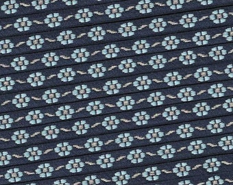 FLORAL A-02-A Jacquard Ribbon Poly Trim 3/8" Wide (9mm) Navy Background, Petite Light Blue Flowers w/Silver Metallic Accents