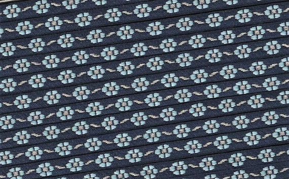FLORAL A-02-A Jacquard Ribbon Poly Trim 3/8" Wide (9mm) Navy Background, Petite Light Blue Flowers w/Silver Metallic Accents