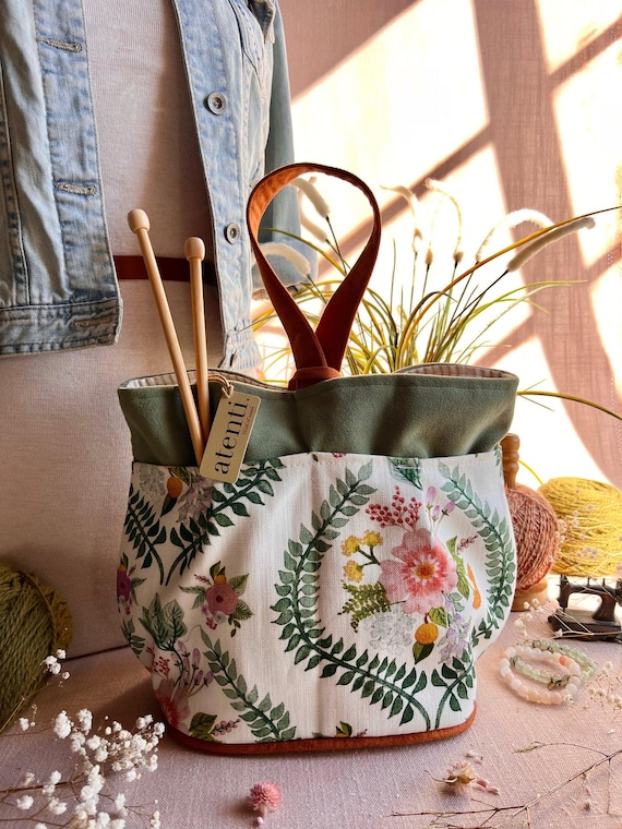 ATENTI Handmade Bags "FORENCE" Floral, 8-Pocket Tall Caddy Organizer, Needle Arts/Knitting Bag, Project Bag