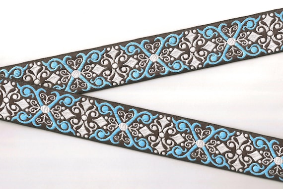 GEOMETRIC H-09-U Jacquard Ribbon Poly Trim 1-1/2" wide (38mm) Brown w/Turquoise & White