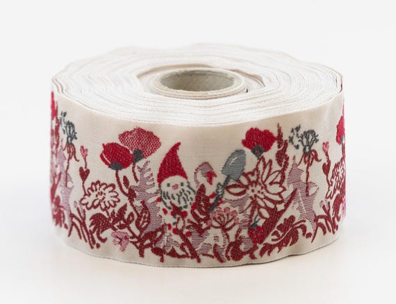 KAFKA H-08/03 Jacquard Ribbon Woven Organic Cotton Trim 1-1/2" wide (40mm) Beige, Gnomes w/Shovels, Dk Red Poppies Burgundy & Lilac Greenery