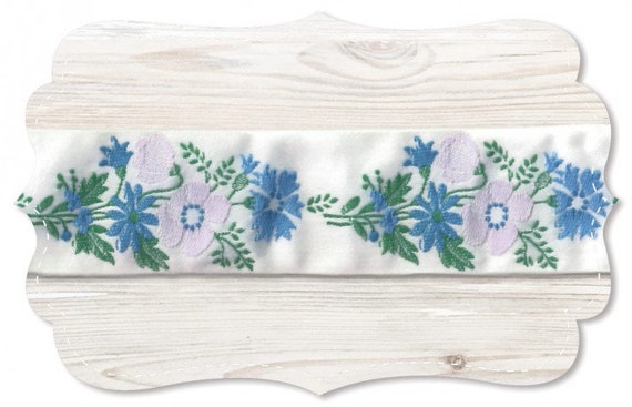 KAFKA G-06/04 Jacquard Ribbon Cotton Trim, 1-1/4" wide (32mm) From Germany, White w/Lilac & Blue Floral "Bouquet" Green Leaves, Per Yard