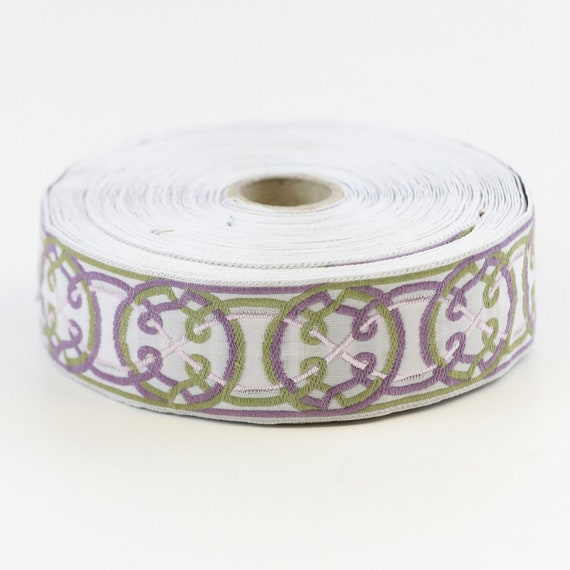 KAFKA G-11/16 Jacquard Ribbon Woven Organic Cotton Trim 1-1/4" wide (32mm) White w/Taupe, Lilac & Pink Celtic Circles