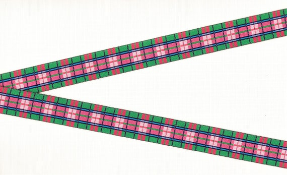 PLAIDS D-01-A Jacquard Ribbon Poly Trim 3/4" Wide (20mm) Douglas Paquette "Tartan Plaid Pink" w/Green & Purple Accents