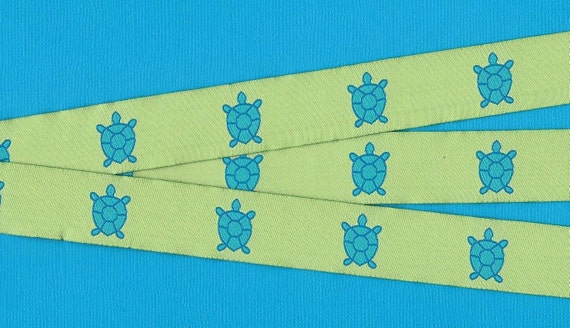 ANIMALS/Water E-18-B Jacquard Ribbon Polyester Trim 7/8" wide (22mm) Lime Background w/Turquoise Turtles, Appliques, Patches